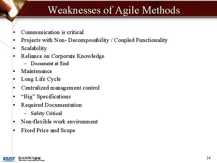 Weaknesses of Agile Methods • • Communication is critical Projects with Non- Decomposability /