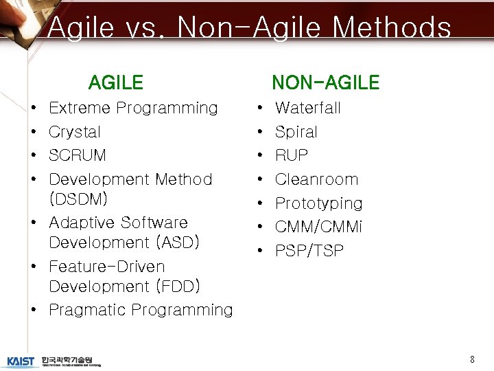 Agile vs. Non-Agile Methods AGILE • • Extreme Programming Crystal SCRUM Development Method (DSDM)