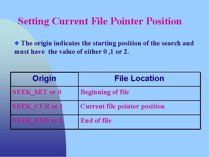 Setting Current File Pointer Position The origin indicates the starting position of the search