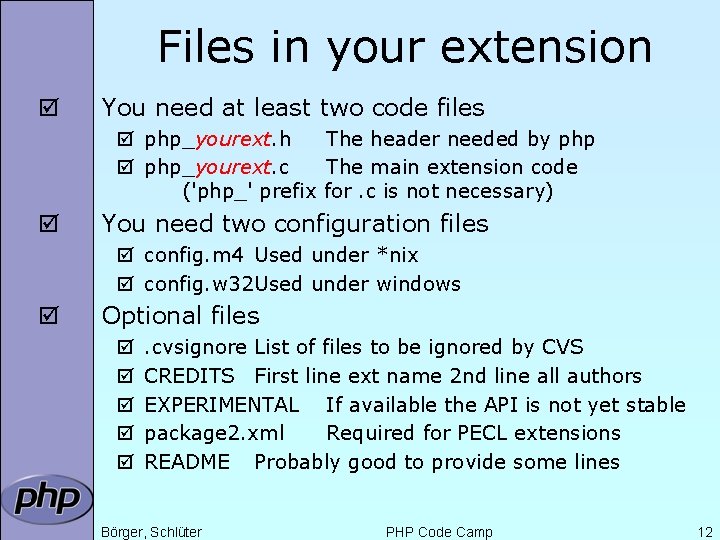 Files in your extension þ You need at least two code files þ php_yourext.