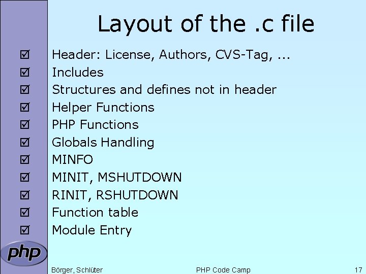Layout of the. c file þ þ þ Header: License, Authors, CVS-Tag, . .
