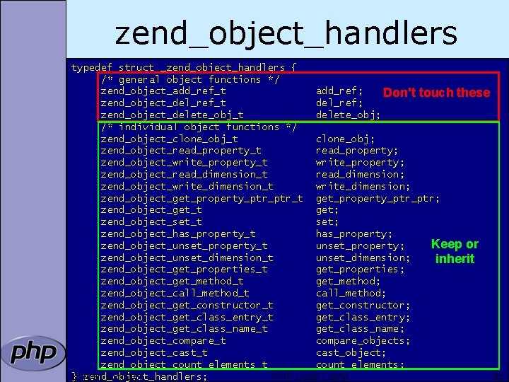 zend_object_handlers typedef struct _zend_object_handlers { /* general object functions */ zend_object_add_ref_t add_ref; Don't touch