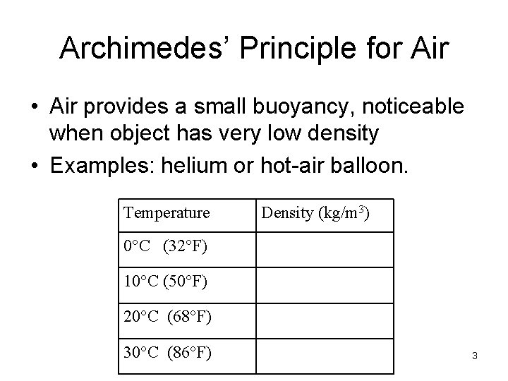 Archimedes’ Principle for Air • Air provides a small buoyancy, noticeable when object has