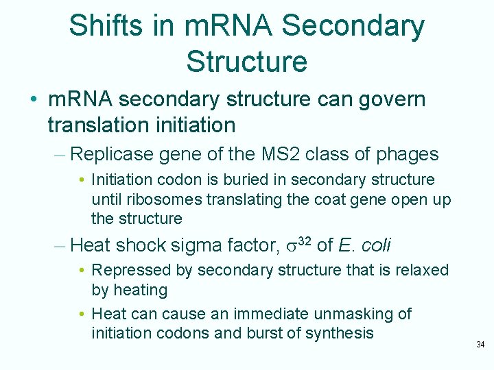 Shifts in m. RNA Secondary Structure • m. RNA secondary structure can govern translation