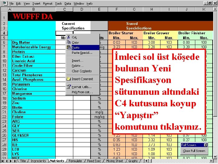 İmleci sol üst köşede bulunan Yeni Spesifikasyon sütununun altındaki C 4 kutusuna koyup “Yapıştır”