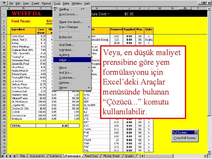 Veya, en düşük maliyet prensibine göre yem formülasyonu için Excel’deki Araçlar menüsünde bulunan “Çözücü.