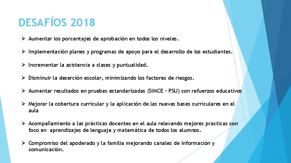 DESAFÍOS 2018 Ø Aumentar los porcentajes de aprobación en todos los niveles. Ø Implementación