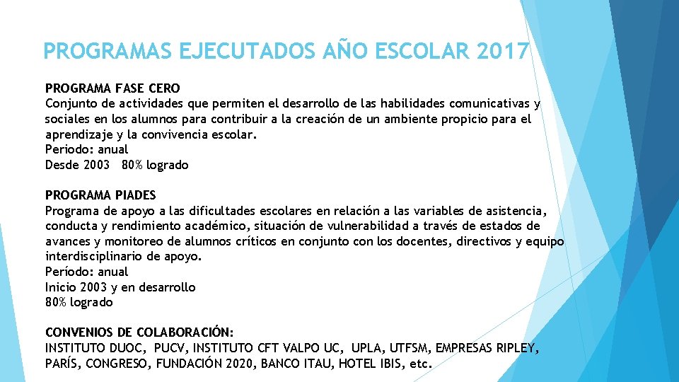 PROGRAMAS EJECUTADOS AÑO ESCOLAR 2017 PROGRAMA FASE CERO Conjunto de actividades que permiten el