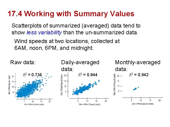 17. 4 Working with Summary Values Scatterplots of summarized (averaged) data tend to show