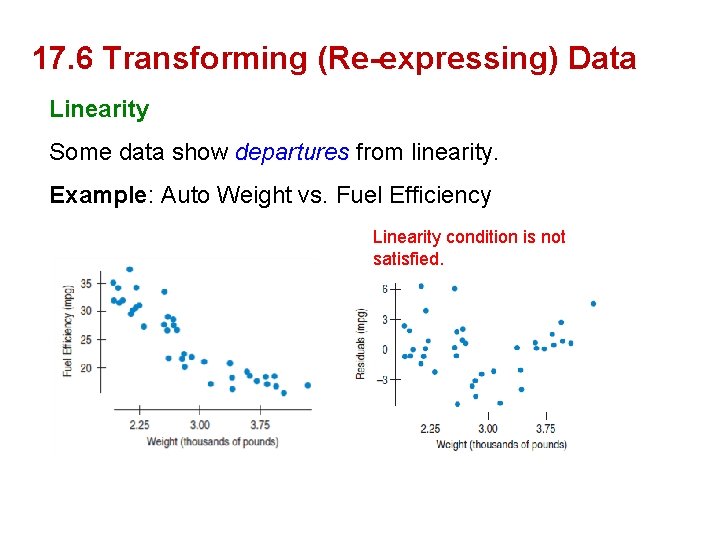 17. 6 Transforming (Re-expressing) Data Linearity Some data show departures from linearity. Example: Auto