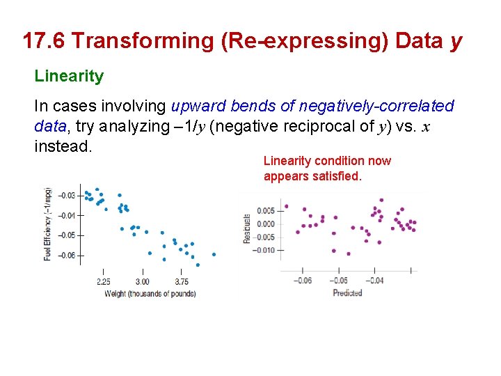 17. 6 Transforming (Re-expressing) Data y Linearity In cases involving upward bends of negatively-correlated