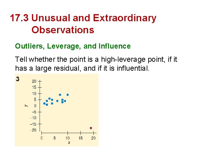 17. 3 Unusual and Extraordinary Observations Outliers, Leverage, and Influence Tell whether the point