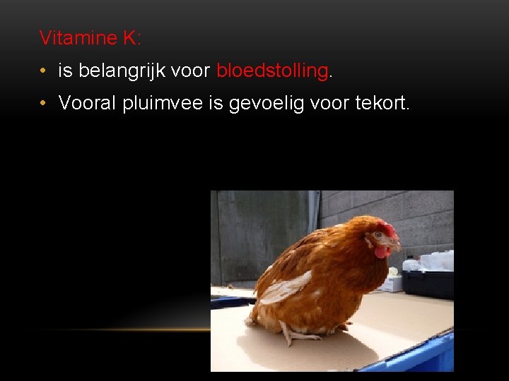 Vitamine K: • is belangrijk voor bloedstolling. • Vooral pluimvee is gevoelig voor tekort.