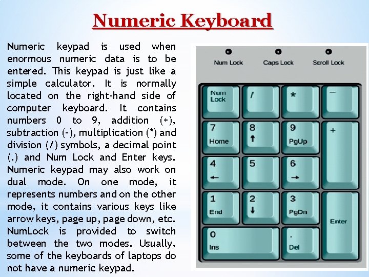 Numeric Keyboard Numeric keypad is used when enormous numeric data is to be entered.