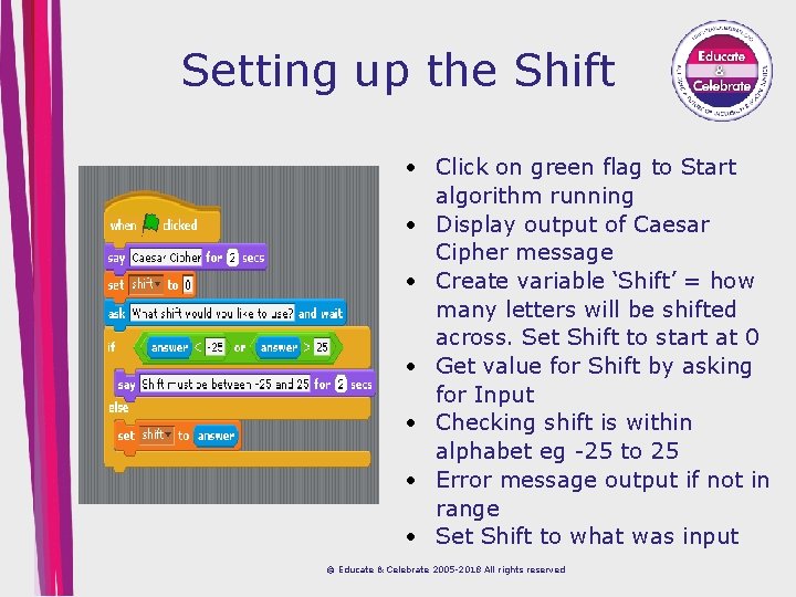 Setting up the Shift Click on green flag to Start algorithm running Display output