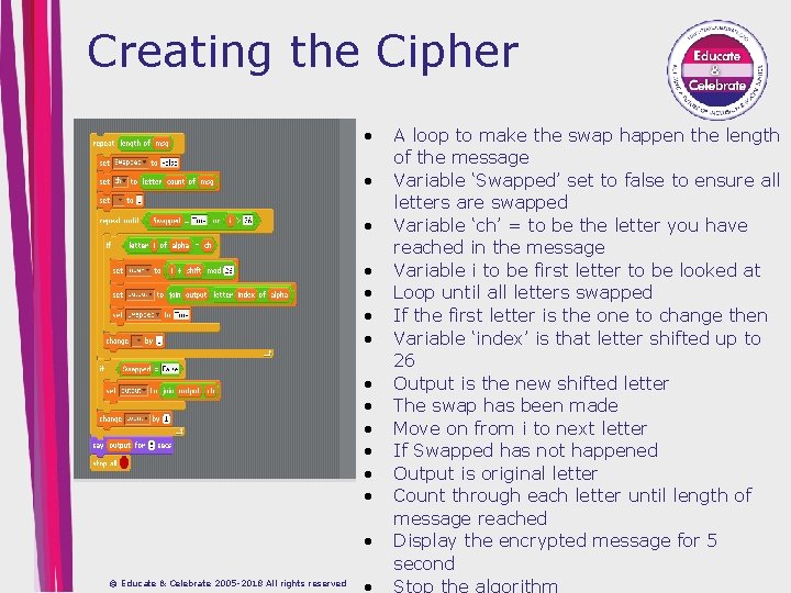 Creating the Cipher © Educate & Celebrate 2005 -2018 All rights reserved A loop
