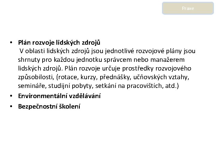 Praxe • Plán rozvoje lidských zdrojů V oblasti lidských zdrojů jsou jednotlivé rozvojové plány