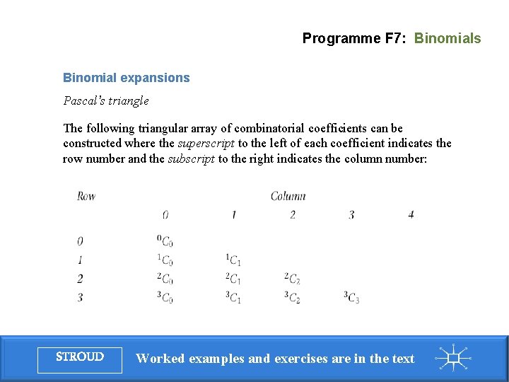 Programme F 7: Binomials Binomial expansions Pascal’s triangle The following triangular array of combinatorial Programme F 7: Binomials Binomial expansions Pascal’s triangle The following triangular array of combinatorial