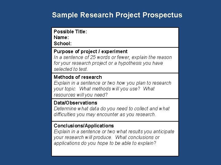 Sample Research Project Prospectus Possible Title: Name: School: Purpose of project / experiment In