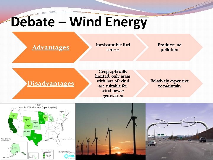 Debate – Wind Energy Advantages Inexhaustible fuel source Produces no pollution Disadvantages Geographically limited,