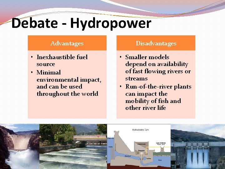 Debate - Hydropower Advantages Disadvantages • Inexhaustible fuel source • Minimal environmental impact, and