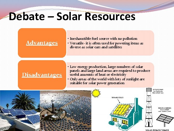 Debate – Solar Resources Advantages Disadvantages • Inexhaustible fuel source with no pollution •