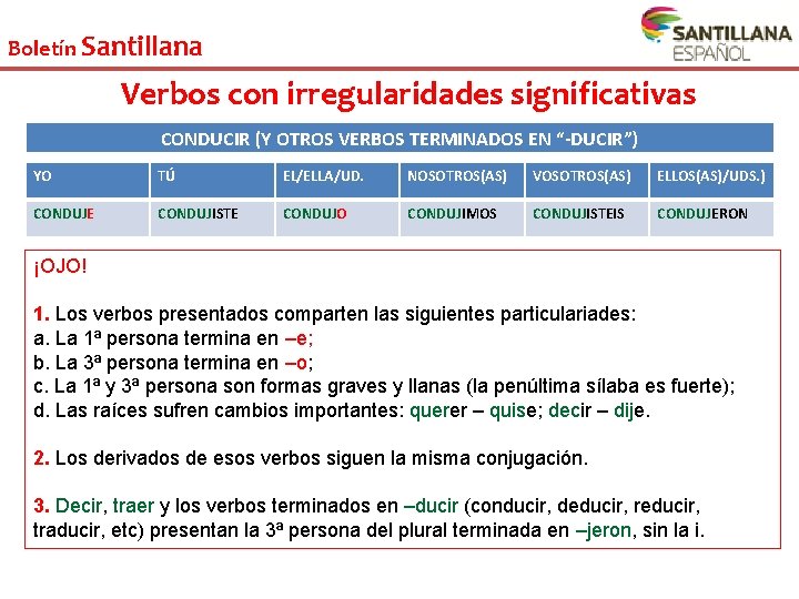 Boletín Santillana Verbos con irregularidades significativas CONDUCIR (Y OTROS VERBOS TERMINADOS EN “-DUCIR”) YO