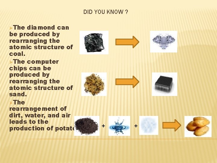 DID YOU KNOW ? ØThe diamond can be produced by rearranging the atomic structure