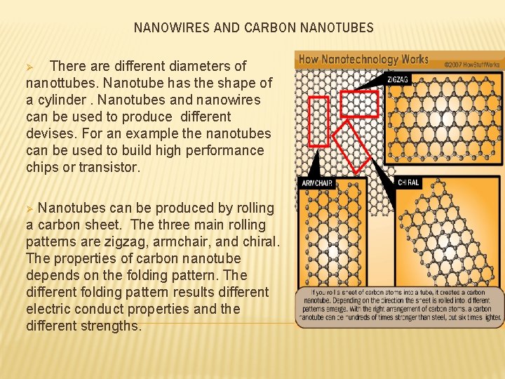 NANOWIRES AND CARBON NANOTUBES There are different diameters of nanottubes. Nanotube has the shape