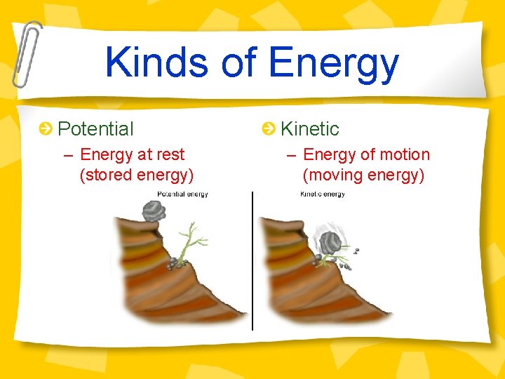 Kinds of Energy Potential – Energy at rest (stored energy) Kinetic – Energy of