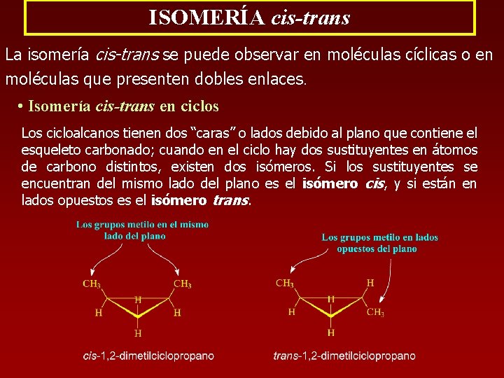 ISOMERÍA cis-trans La isomería cis-trans se puede observar en moléculas cíclicas o en moléculas