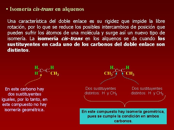  • Isomería cis-trans en alquenos Una característica del doble enlace es su rigidez