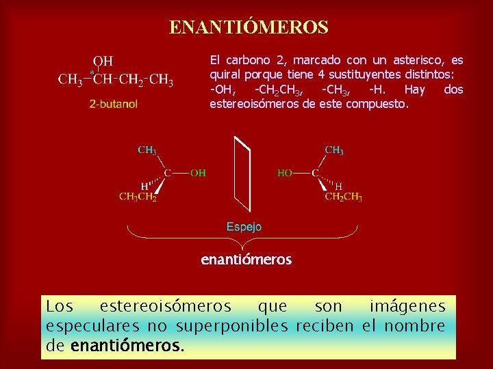 ENANTIÓMEROS El carbono 2, marcado con un asterisco, es quiral porque tiene 4 sustituyentes