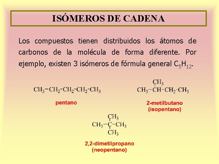 ISÓMEROS DE CADENA Los compuestos tienen distribuidos los átomos de carbonos de la molécula