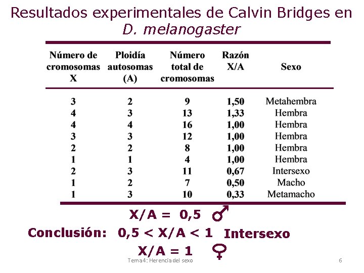 Resultados experimentales de Calvin Bridges en D. melanogaster X/A = 0, 5 Conclusión: 0,