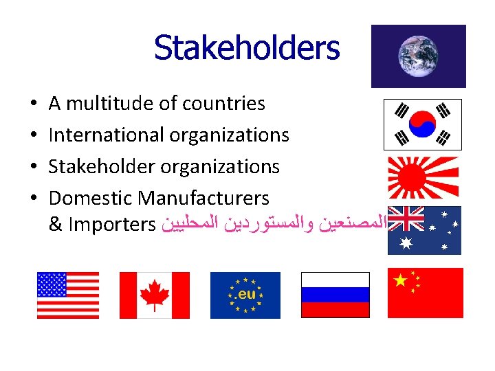 Stakeholders • • A multitude of countries International organizations Stakeholder organizations Domestic Manufacturers & Stakeholders • • A multitude of countries International organizations Stakeholder organizations Domestic Manufacturers &