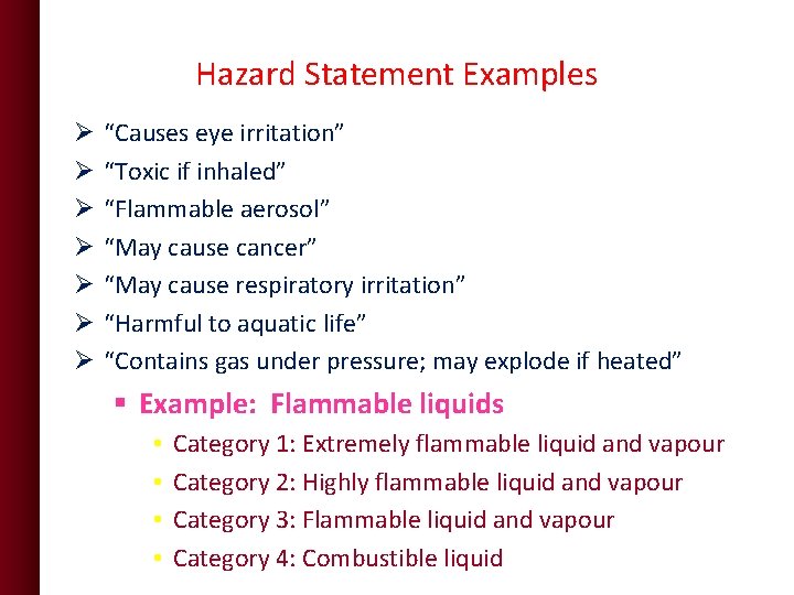Hazard Statement Examples Ø Ø Ø Ø “Causes eye irritation” “Toxic if inhaled” “Flammable Hazard Statement Examples Ø Ø Ø Ø “Causes eye irritation” “Toxic if inhaled” “Flammable