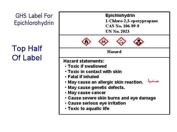 GHS Label For Epichlorohydrin Top Half Of Label Epichlohydrin 1 -Chloro-2, 3 -epoxypropane CAS GHS Label For Epichlorohydrin Top Half Of Label Epichlohydrin 1 -Chloro-2, 3 -epoxypropane CAS