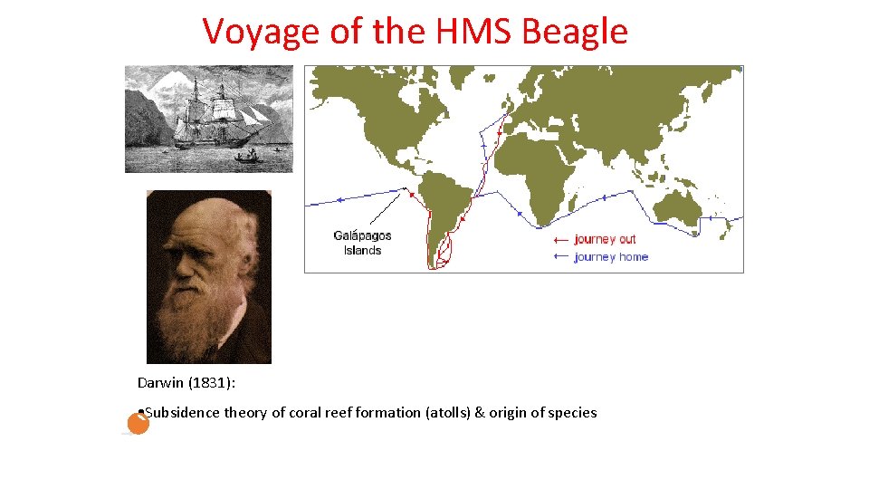 Voyage of the HMS Beagle Darwin (1831): • Subsidence theory of coral reef formation