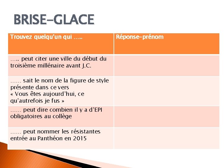 BRISE-GLACE Trouvez quelqu’un qui …. . peut citer une ville du début du troisième