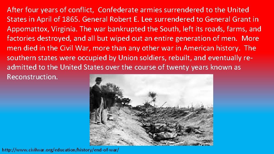 After four years of conflict, Confederate armies surrendered to the United States in April