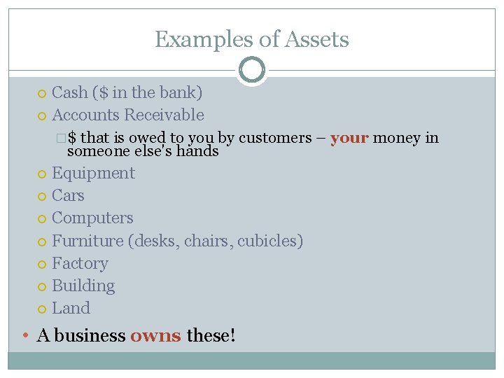 Examples of Assets Cash ($ in the bank) Accounts Receivable �$ that is owed
