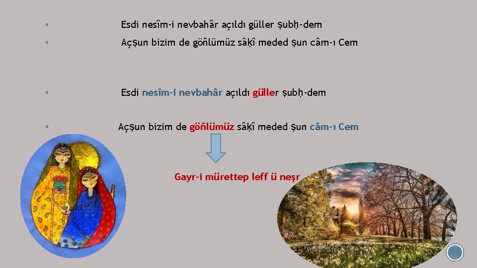 § Esdi nesîm-i nevbahâr açıldı güller ṣubḥ-dem § Açṣun bizim de göñlümüz sâḳî meded