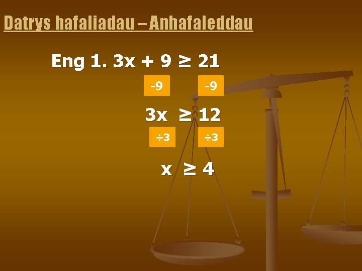 Datrys hafaliadau – Anhafaleddau Eng 1. 3 x + 9 ≥ 21 -9 -9