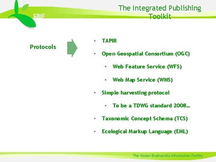 The Integrated Publishing Toolkit Protocols • TAPIR • Open Geospatial Consortium (OGC) • •