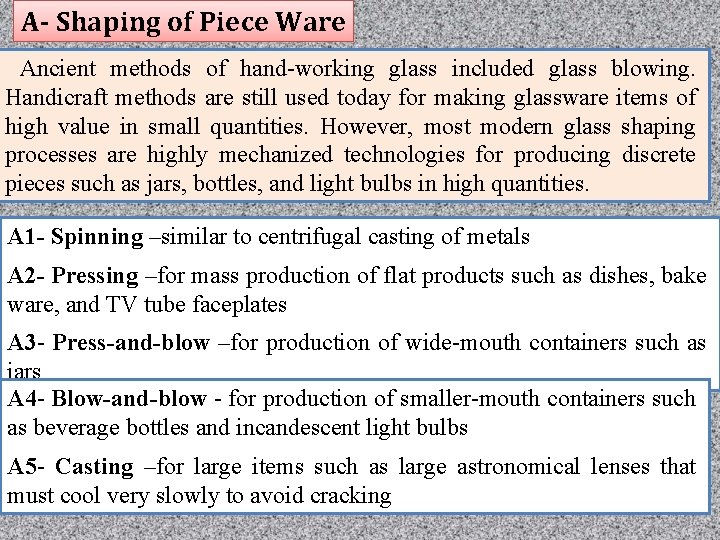A- Shaping of Piece Ware Ancient methods of hand-working glass included glass blowing. Handicraft