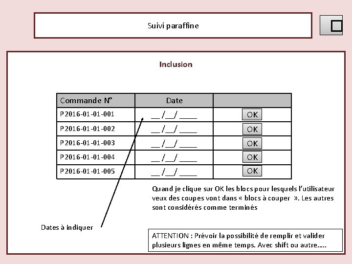 � Suivi paraffine Inclusion Commande N° Date P 2016 -01 -01 -001 __ /__/