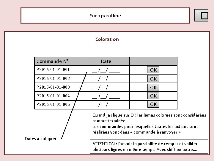 � Suivi paraffine Coloration Commande N° Date P 2016 -01 -01 -001 __ /__/