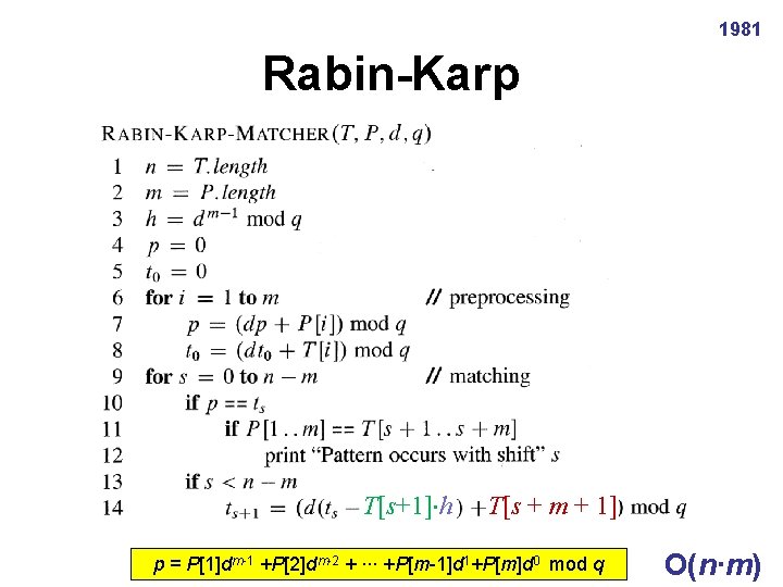 1981 Rabin-Karp T[s+1] h T[s + m + 1] p = P[1]dm-1 +P[2]dm-2 +