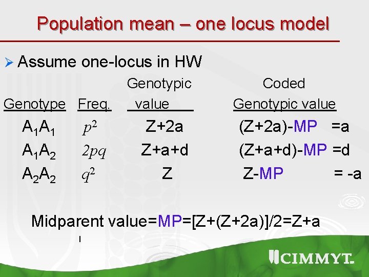 Population mean – one locus model Ø Assume one-locus in HW Genotype Freq. A